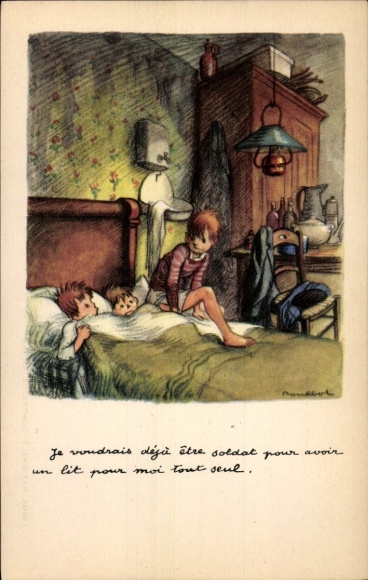 Kunstenaar Ak Poulbot, Kinderen in bed, voor het slapengaan