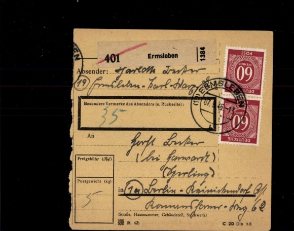 Michel No. 933 (2) on parcel card