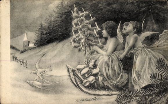 Postcard Merry Christmas, Christmas tree, angel, sleigh