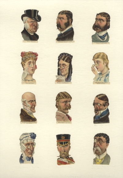 12 wafli „głowy postaci” / twarze, każdy o wymiarach ok. 5 x 3 cm