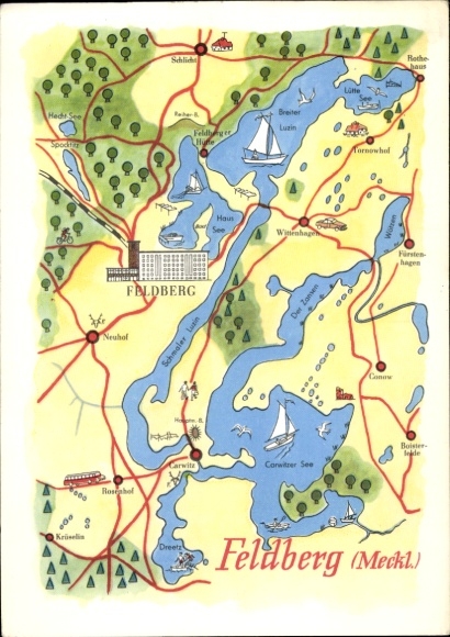 Ansichtkaart Feldberg in Mecklenburg, kaart van Feldberg, meren en kaart, schilderij van Kanis, Greiz