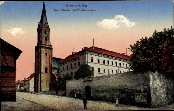 Postcard Germersheim am Rhein, Catholic Church, monastery barracks, city view, historical architecture...