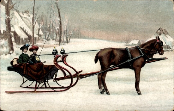 Postcard horse, sleigh team, winter