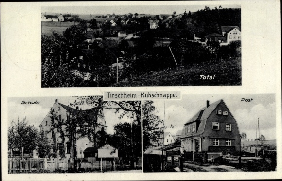 Ak Tirschheim Kuhschnappel Sankt Egidien in Saksen, postkantoor, school, totaaloverzicht