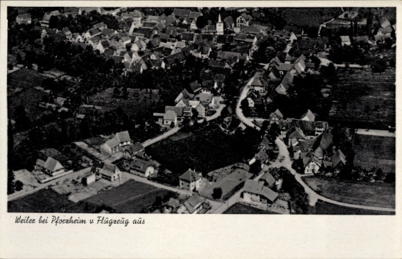 Postcard Weiler near Pforzheim Keltern in the Enzkreis Baden, aerial view of Weiler, houses, streets, flight