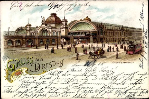 Chromo-Litho Dresden Altstadt Seevorstadt, main station, tram