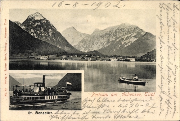 KP Pertisau Eben am Achensee w Tyrolu, widok na Achensee do wioski, parowiec St. Benedikt