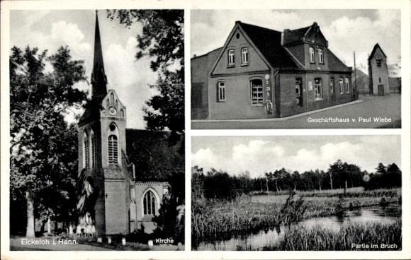 Postcard Eickeloh in Lower Saxony, church, commercial building, in Bruch