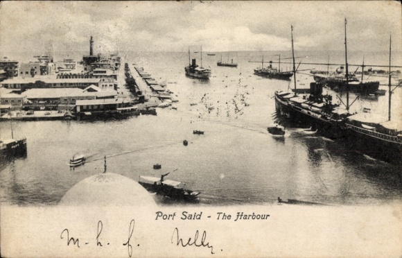 Postcard Port Said Egypt, harbor with lighthouse, Suez Canal