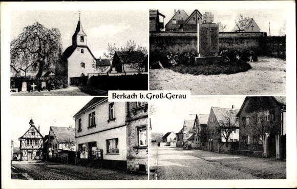 Ak Berkach Groß Gerau in Hessen, Kirche, Kriegerdenkmal, Bäckerei