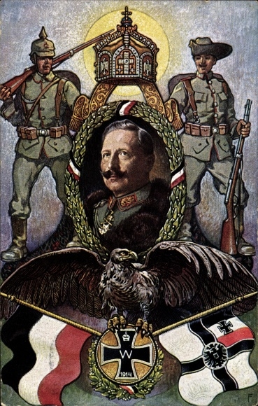 Artist PC Kaiser Wilhelm II, colonial war thanks, soldiers, flags, eagles