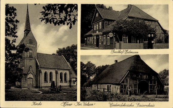 Postcard Höver district of Uelzen in Lower Saxony, church, Heitmann Inn, farmhouse