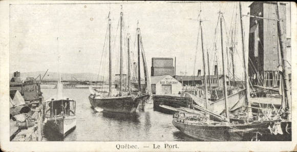 KP Quebec Kanada, rzeka Montmorency, porty, żaglowce, magazyny
