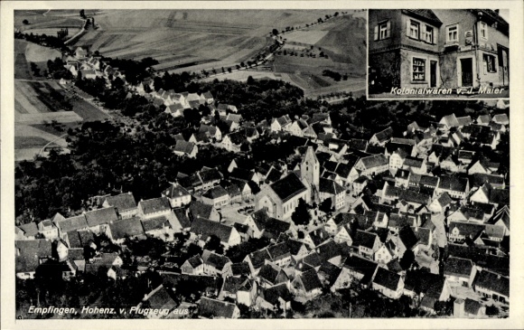 Ansichtkaart Empfingen in het Zwarte Woud, luchtfoto, koloniale goederen J. Maier
