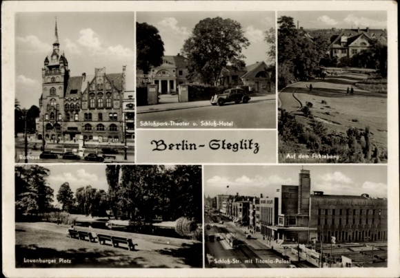 Postcard Berlin Steglitz, Town Hall, Palace Park, Theater, Palace Hotel, Lauenburger Platz, Titania Palace
