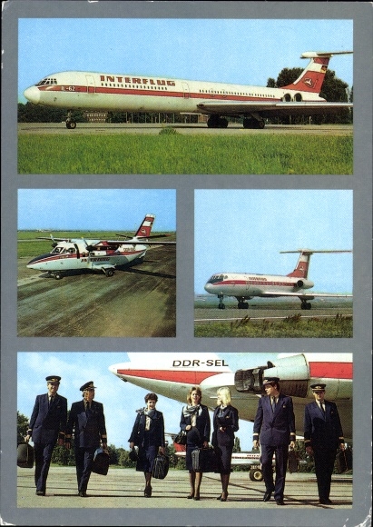 Postcard German passenger plane, Interflug, DDR SEL, Ilyushin IL 62, pilots, stewardess