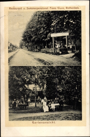 Postcard Rotenbek Kuddewörde in Lauenburg, restaurant and summer pension Franz Glunz, garden