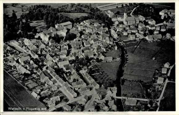 Postcard Bad Wurzach in Upper Swabia, aerial view of many houses, agricultural areas, trees