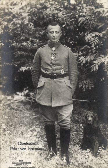 Postcard Fighter Pilot First Lieutenant Paul Freiherr von Pechmann, Portrait, Dog, Sanke No. 551
