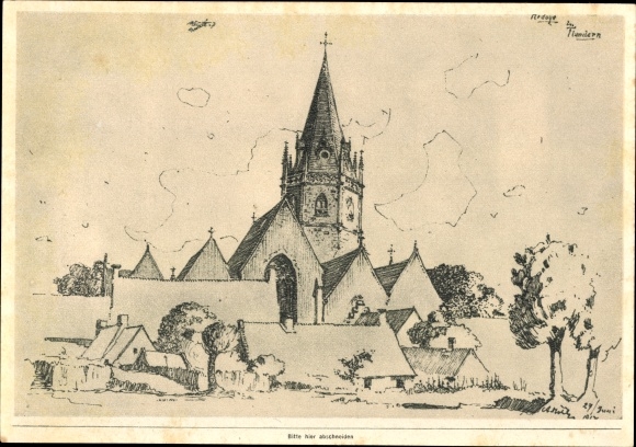 Sammelbild Zeichnung Adolf Hitlers, Ardoye, Flandern, Sommer 1917, Sammelwerk Nr. 15 Bild 103