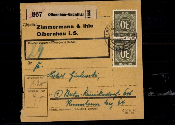 Michel No. 928 (4) on parcel card