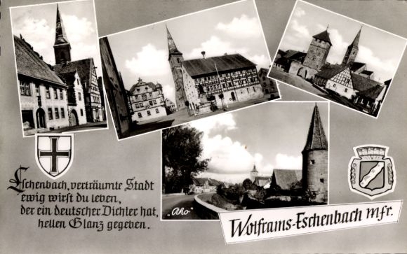 Ak Wolframs Eschenbach in Midden-Franken Beieren, wapen, kerk, vakwerkhuis