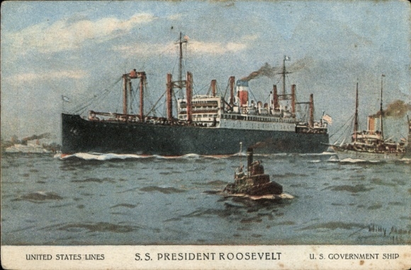 Kunstenaarsbriefkaart Stöwer, Willy, SS-president Roosevelt, Amerikaans regeringsschip, United States Lines, USL