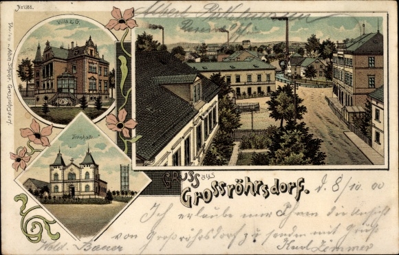 Chromo-Litho Großröhrsdorf in Saxony, villa, gymnasium, street section