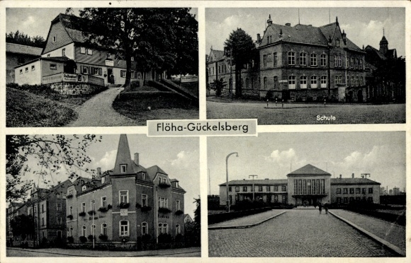 Ak Gückelsberg Flöha in Sachsen, Schule, Gaststätte, Kolonialwarenhandlung, Bahnhof