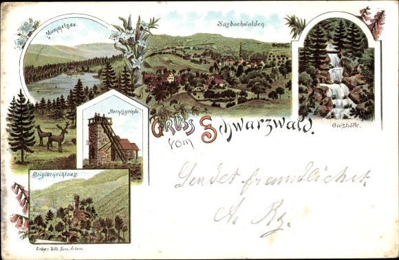 Chromo-Litho Sasbachwalden in the Black Forest, Hornisgrinde, Mummelsee, Brigittenschloss, long shot