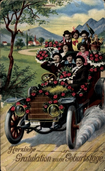 Postcard Birthday congratulations, illustrious birthday party in the convertible