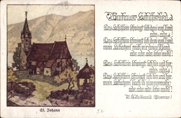 Künstler Ak Wachauer Schifferlied, Kirche St. Johann im Mauerthale an der Donau
