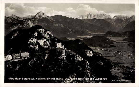 Postcard Pfronten in Allgäu, Burghotel, Falkenstein, ruin 1223, view of the Zugspitze
