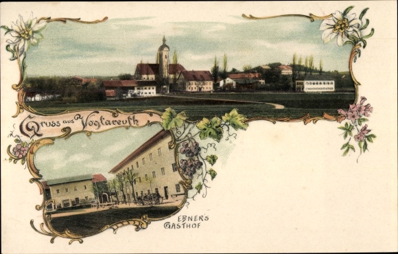 KP Vogtareuth w powiecie Rosenheim, Górna Bawaria, karczma Ebnera, widok na kościół