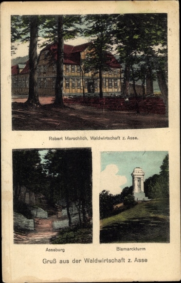 Ansichtkaart Wittmar in Nedersaksen, Waldhaus Zur Asse, Bismarckturm, Asseburg