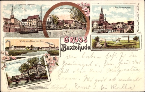 Chromo-Litho Buxtehude in Lower Saxony, Wintersche paper mills, hotel, ferry house, Marschtor, Mühlenstrom