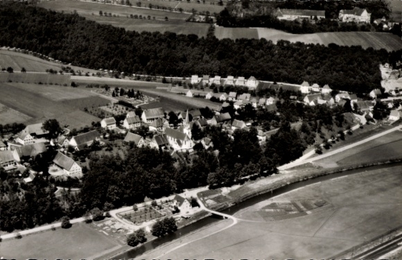 Postcard Warthausen in Baden Württemberg, aerial view of a village, many houses, surrounded by fields
