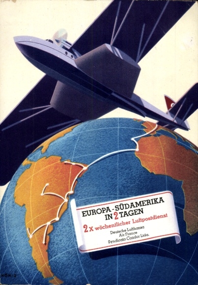 Postcard Europe South America in 2 days, airmail service, Lufthansa, Air France, Condor