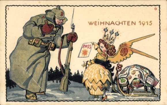 Artist PC War Christmas 1915, soldier on guard post, angel with passport, Bahlsen's Leibniz biscuit
