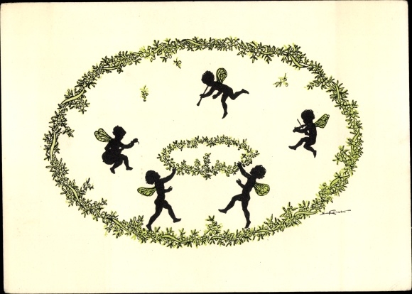 Paper cut Postcard Forck, Elsbeth, Elfenreigen, Blumenranke