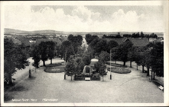 Ak Hasselfelde am Harz, marktplein, monument