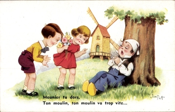 Artist Postcard Patt, Jim, Sleeping Miller, Windmill, Children