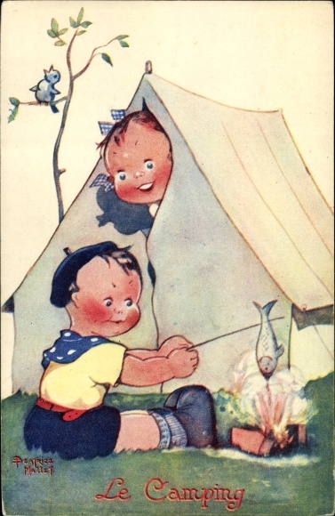 Artists Postcard Mallet, Beatrice, Le Camping, Children Camping, Campfire, Fried Fish