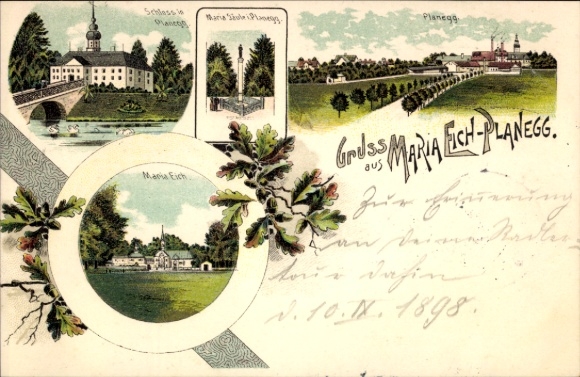 Chromo-Litho Planegg Upper Bavaria, Augustinian monastery Maria Eich, castle, Maria Säule