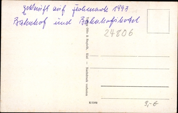 Postcard mockery in Schleswig Holstein, train station and train station hotel, oak beer