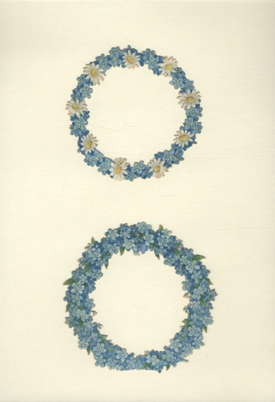 2 Oblaten hübsche Blütenkränze aus Vergissmeinnicht und Margeriten, ca. 11,5 x 11,5  u. 10 x 10 cm