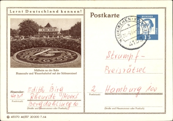 Postcard Mülheim an der Ruhr, flower clock, water station, lock island