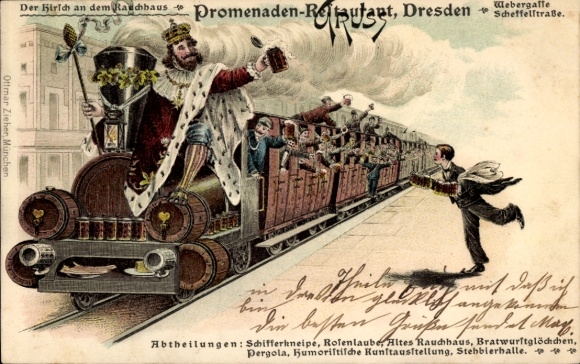 Litho Dortmund im Ruhrgebiet, König mit Bierkrug in Lokomotive, Fahrgäste, Kellner, Kaiserhalle