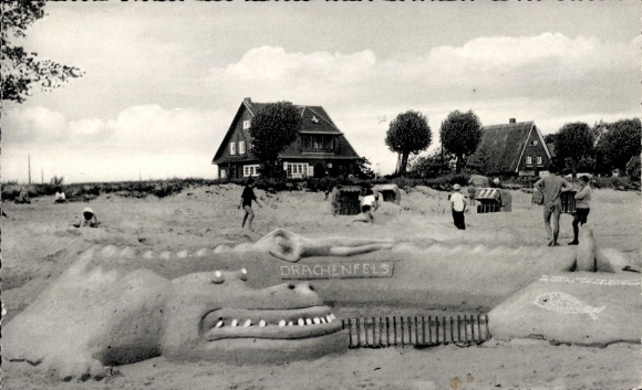 Postcard Haffkrug Scharbeutz Ostholstein, house by the sea, beach, sand figure dragon, Drachenfels