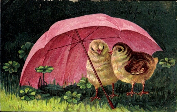Ak Glückwunsch Ostern, Küken unter dem Sonnenschirm, Klee